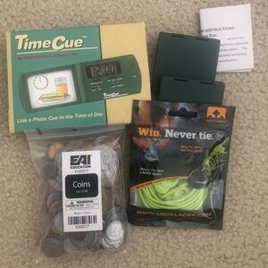 Kids, Special needs, and educational/homeschool items TimeCue, coins, Lock Laces